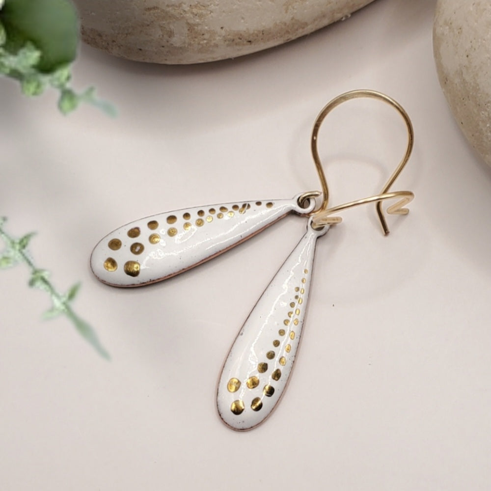 Boucles d'Oreilles Gouttes Blanches et Or – Émail Grand Feu sur Cuivre - Maison CALUB