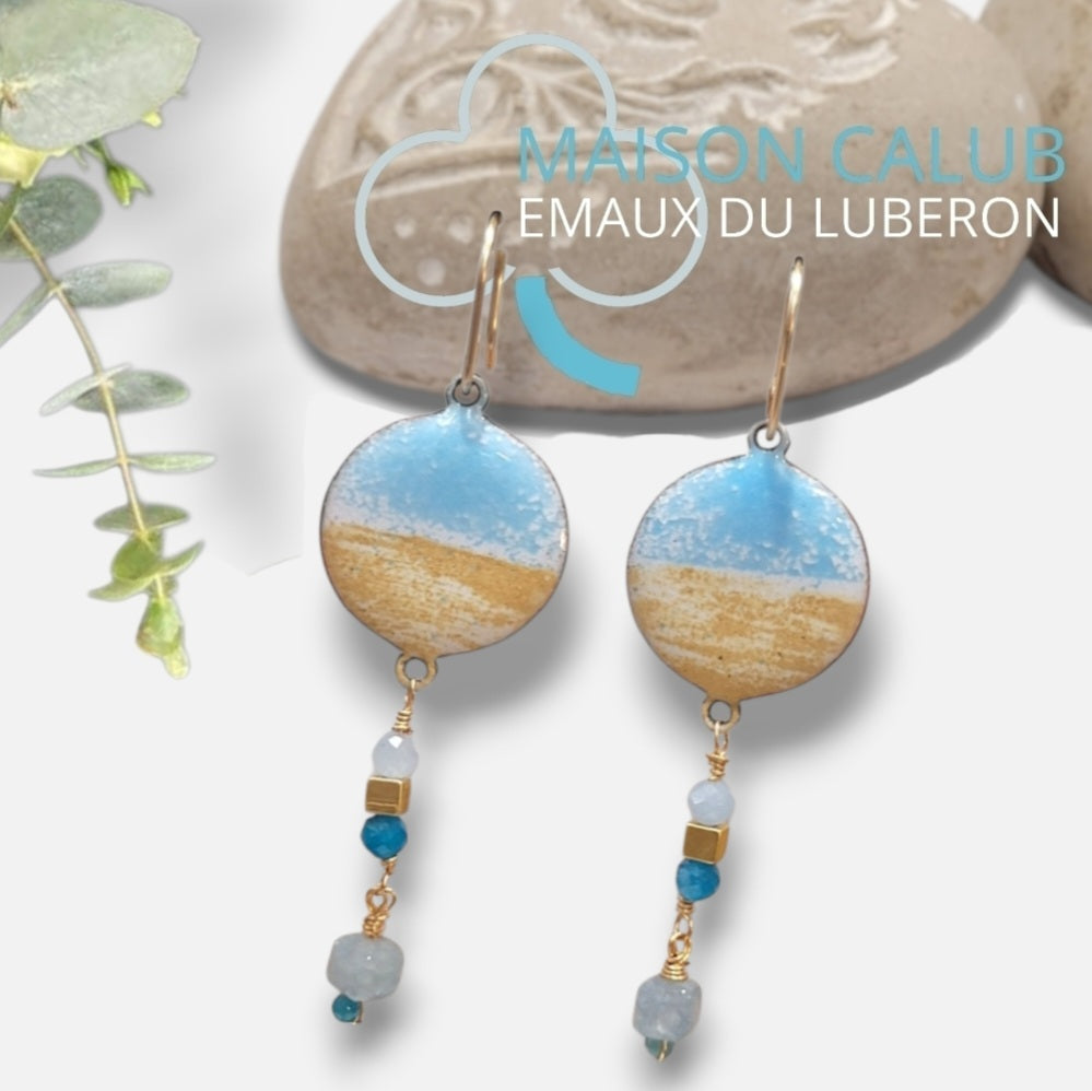 Boucles Oreilles Envie de Plage Émail Turquoise Or Pierres Naturelles CALUB
