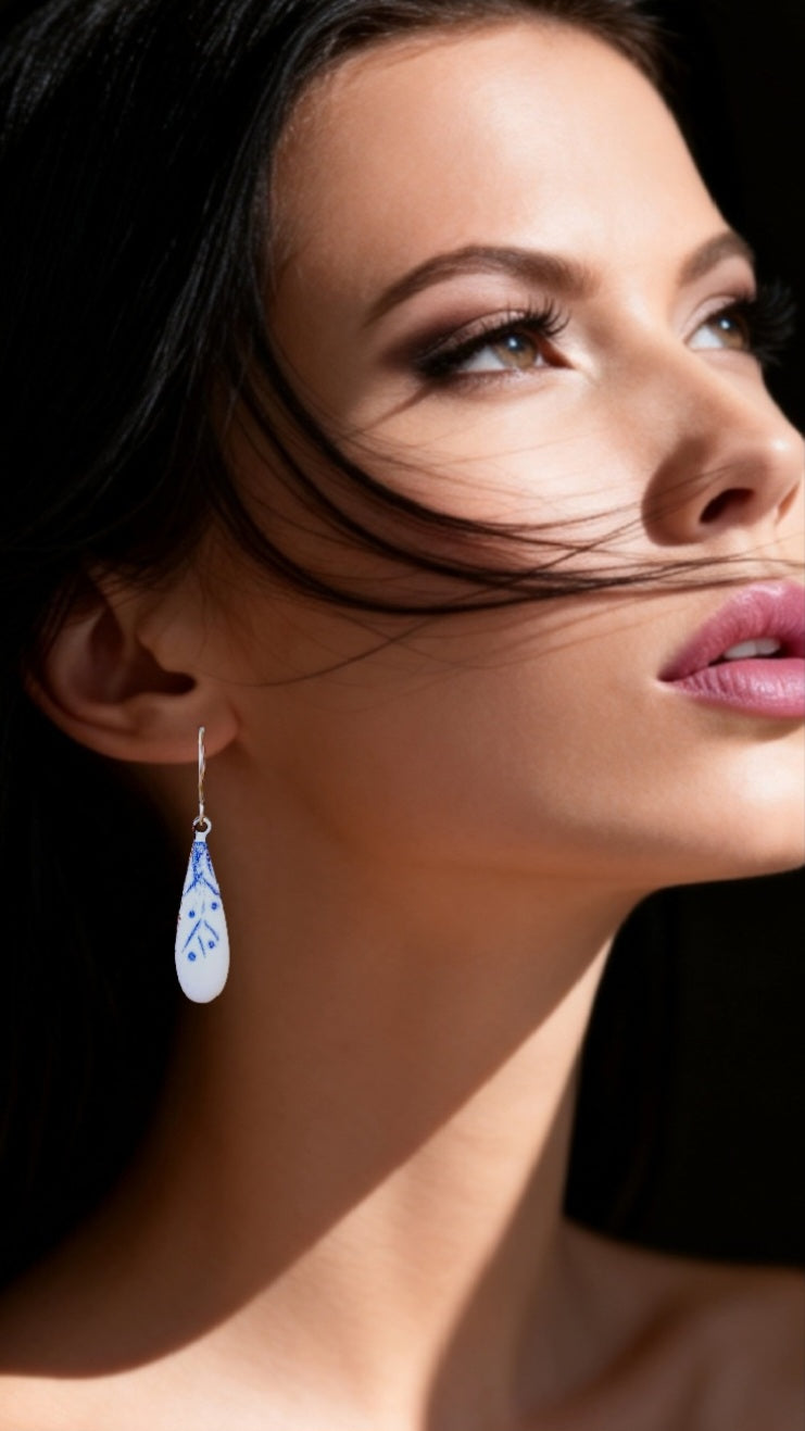 Boucles Oreilles Effet Porcelaine Bleue Émail Cuivre CALUB