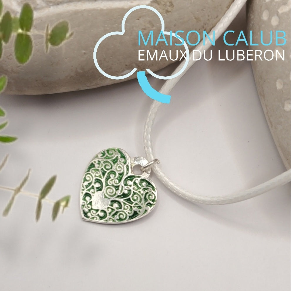 Pendentif Cœur Vert Arabesques – Émail Grand Feu sur Argent Fin - Maison CALUB