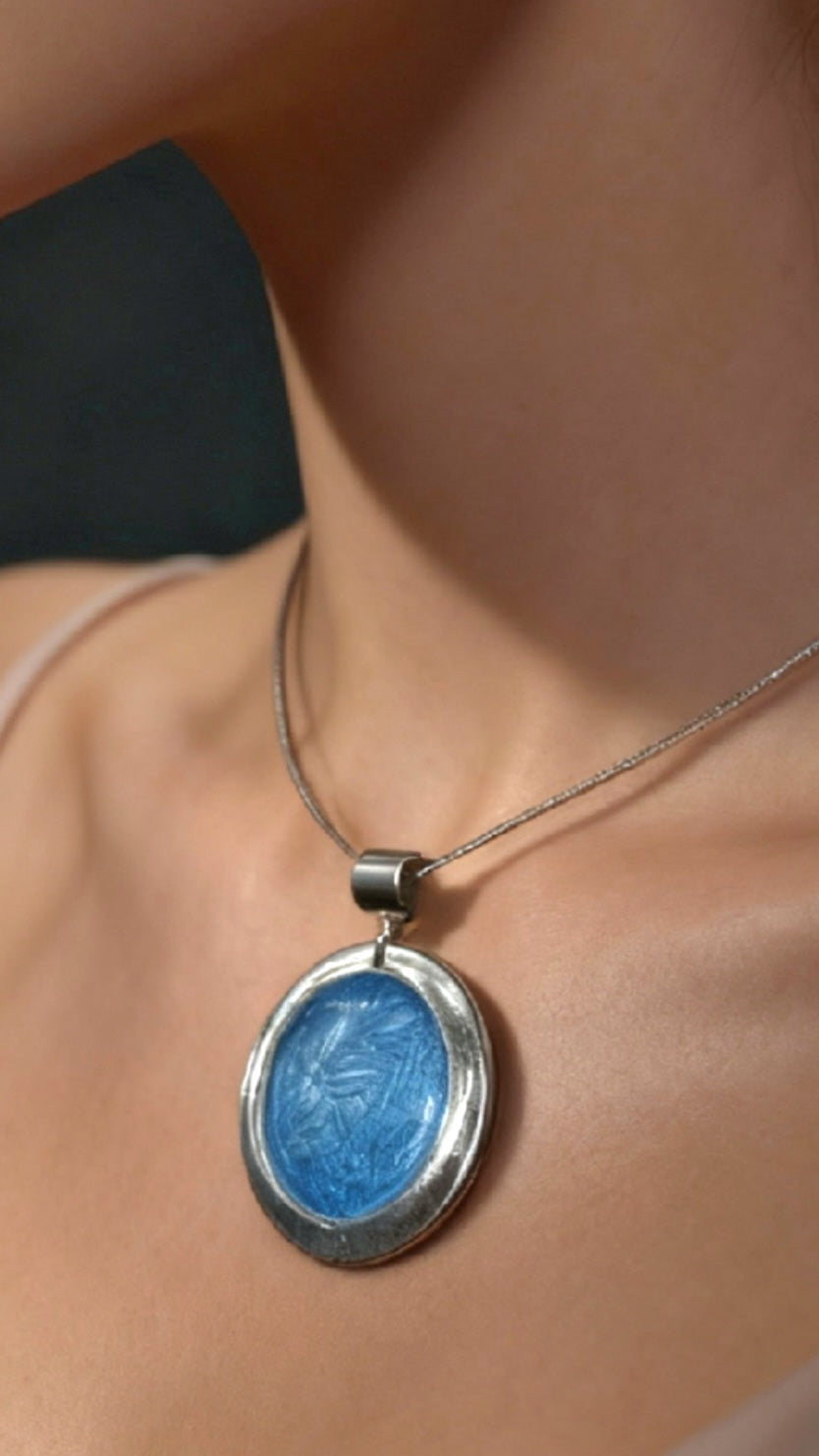 Pendentif Rond bleu Provence – Émail Grand Feu sur Argent Fin - Maison CALUB