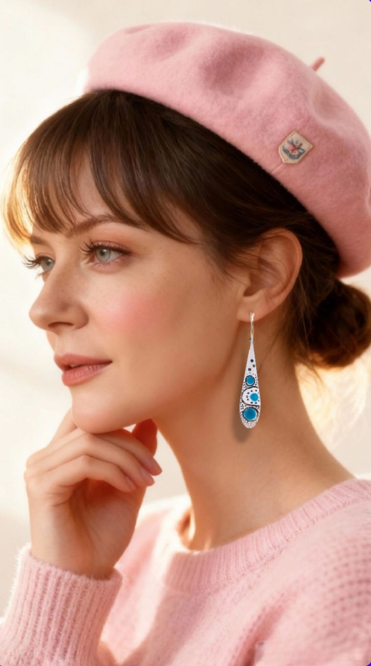 Boucles d'Oreilles Gouttes Émail Turquoise - Pointillisme Lustre d'Or - Laiton Doré - Fait Main