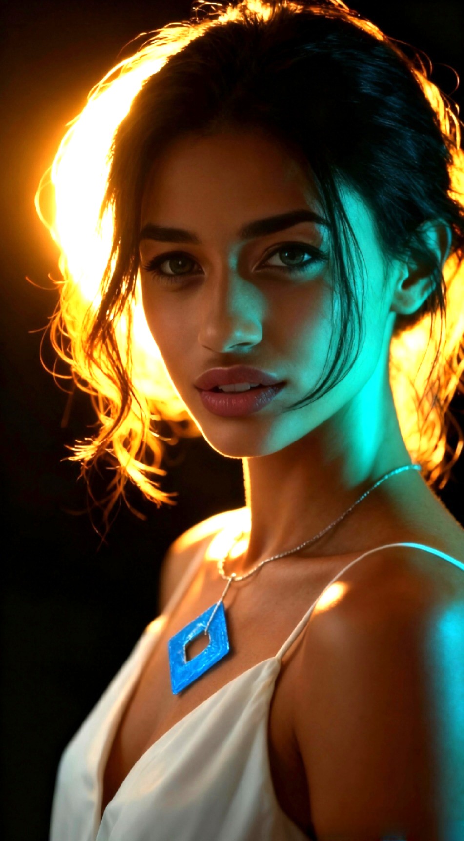 femme qui porte le pendentif carré émail sur argent fin basse-taille montage sur collier argent - moderne - maison CALUB