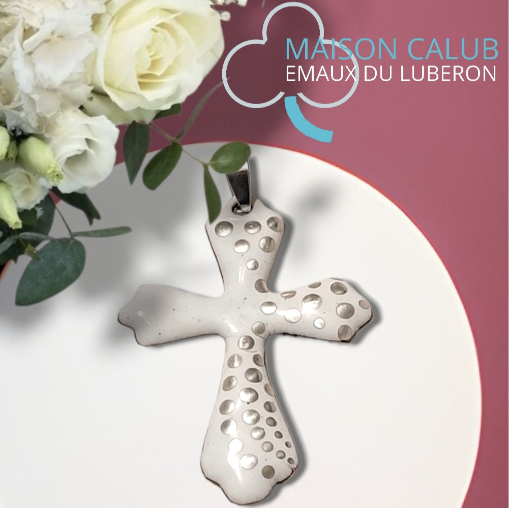 Pendentif Croix Émail Grand Feu Blanc et argent - Lustre Argent - Fait Main