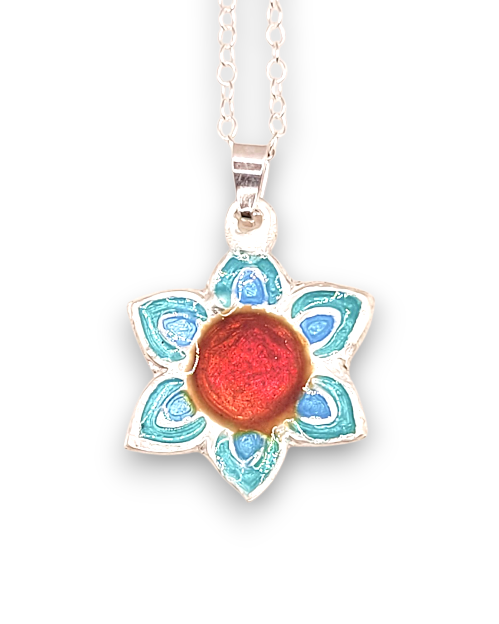 pendentif fleur champlevé en émail sur argent fin multicolore. Bijou artisanal fait main chez maison calub les émaux du Luberon