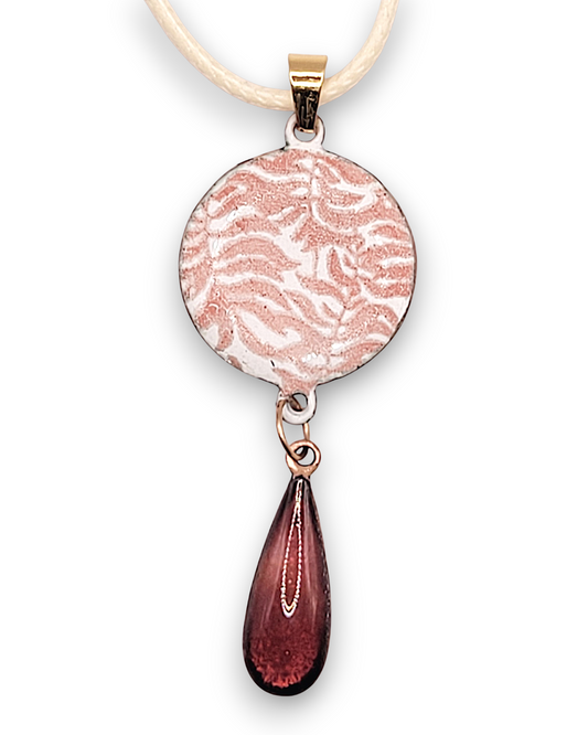 pendentif double rouge rubis emaux translucide cuivre monté sur cordon, bijou en email de maison calub design unique
