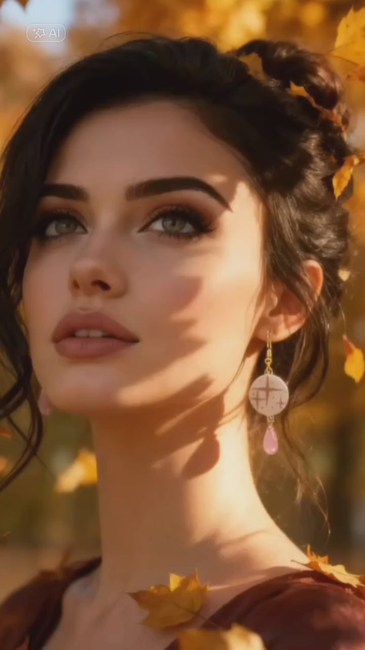 video présentant des boucles d'oreilles en émail sur cuivre aux motif d'étoiles rosés sur blanc prolongé par une perle de verre goutte. Bijou artisanal fait à la main chez maison calub les emaux du Luberon