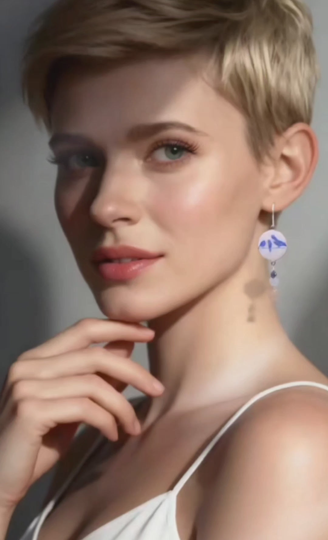 video de femme portant des  boucles d'oreilles en émail grand sur sur cuivre, aux motifs fins d'oiseaux, et prolongée par quelques pierres naturelles et breloque en argent