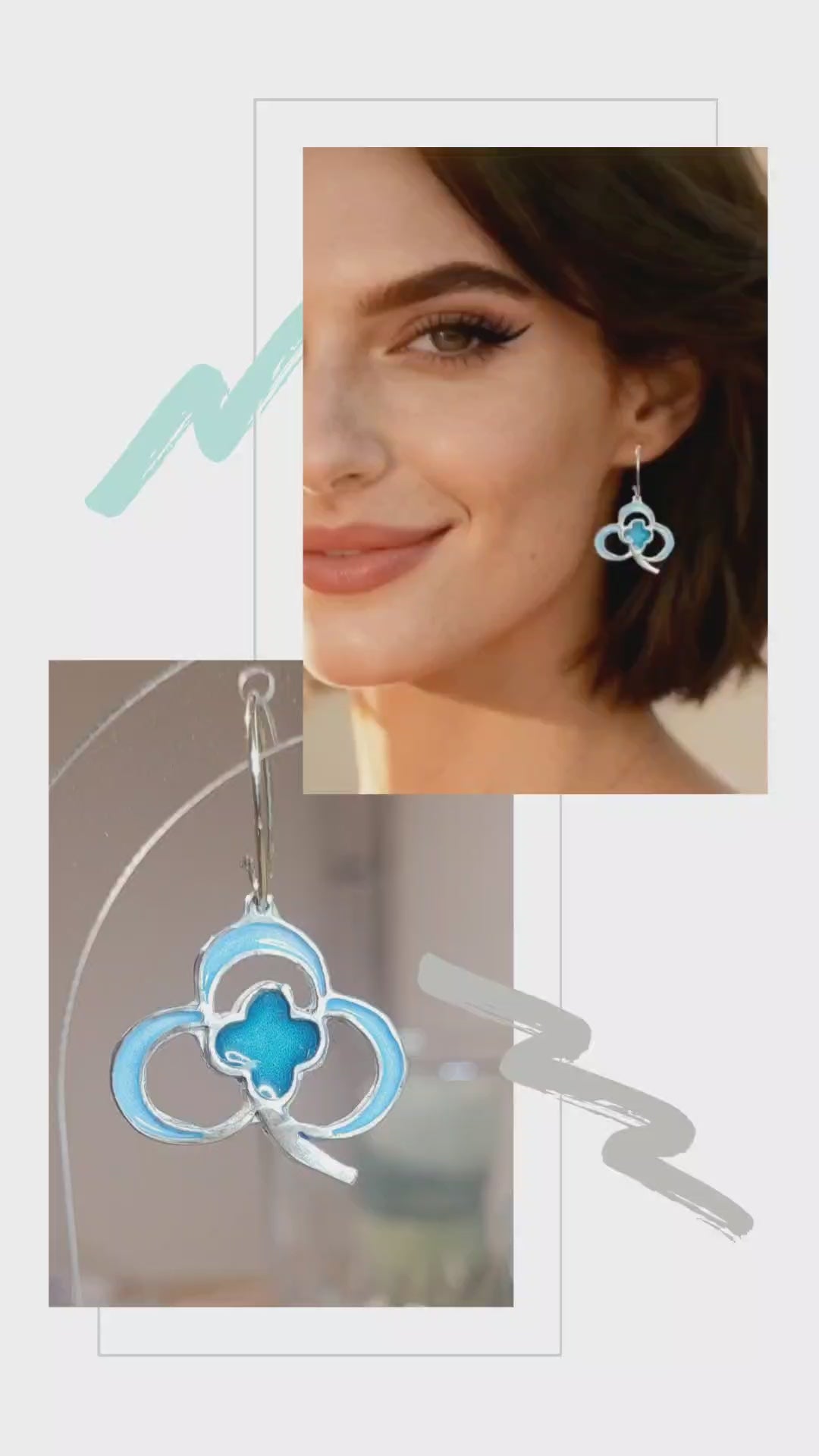 video des Boucles d'oreilles artisanales en émail grand feu sur argent représentant 2 trèfles entrelacés, fait main par maison calub