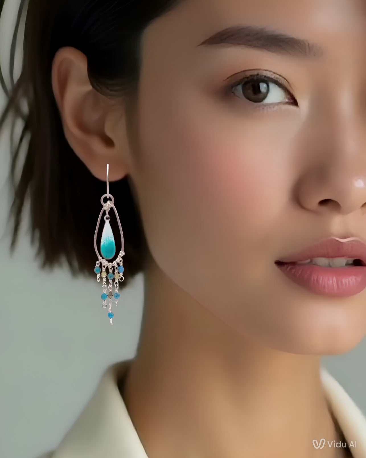 video-Boucles d'oreilles chandelier en émail turquoise dégradé avec cascade de perles naturelles turquoise et olivine - Collection unique - Maison CALUB